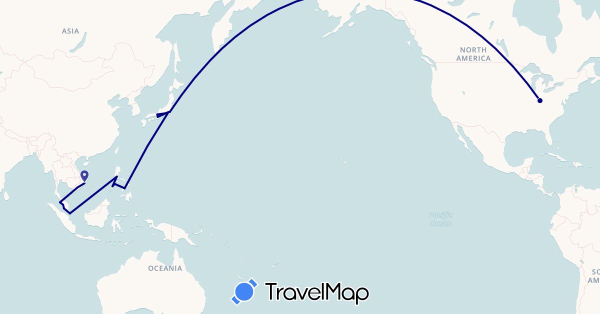 TravelMap itinerary: driving in Japan, Malaysia, Philippines, Singapore, United States, Vietnam (Asia, North America)